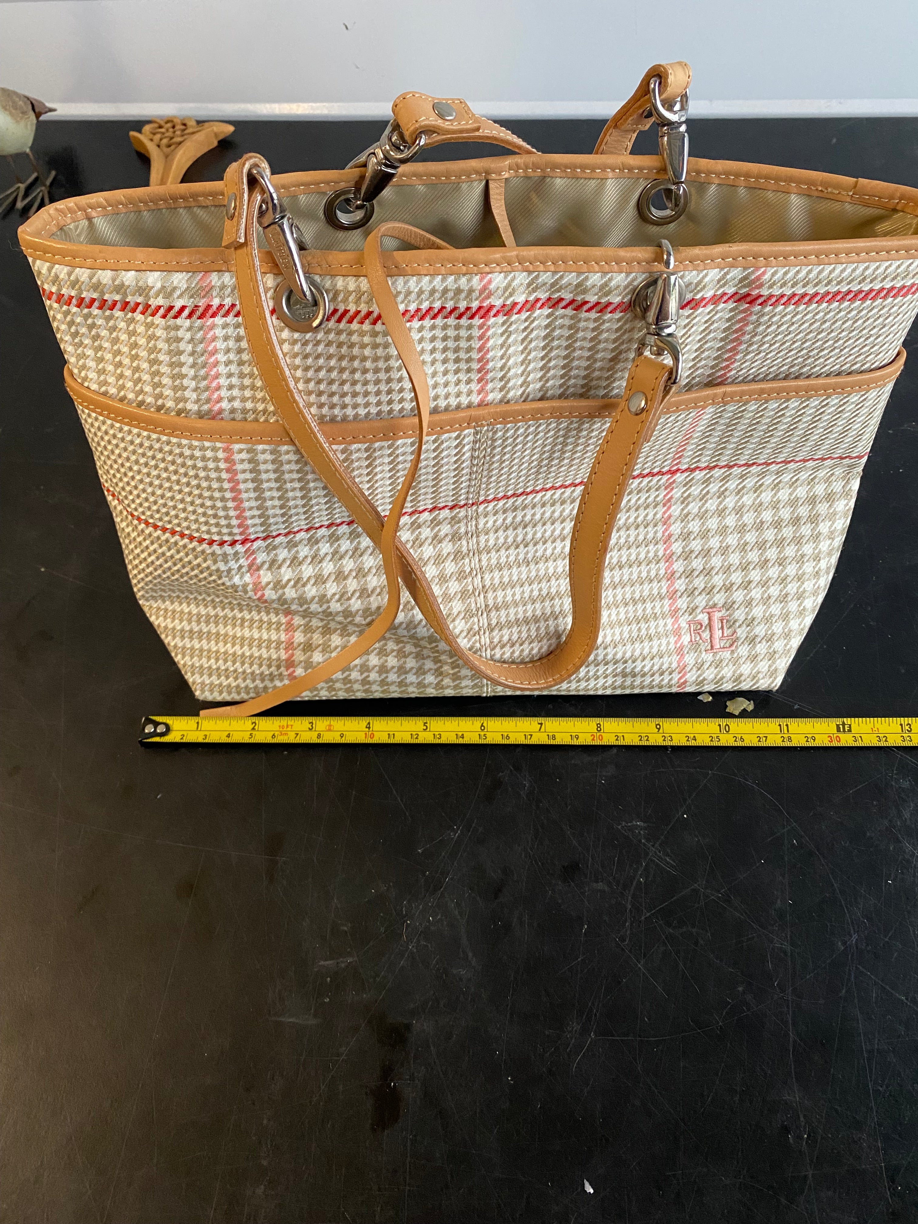 Lauren Ralph Lauren Glen Plaid Tote Bag with Tan Leather Trim