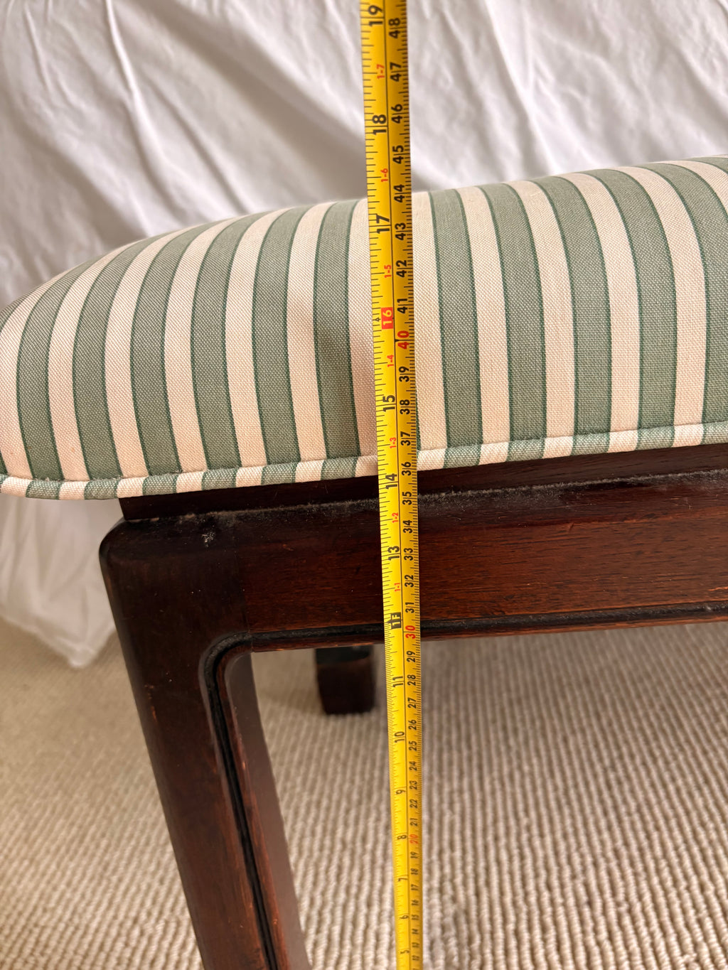 Ming-Style Mahogany Bench with Green Stripe Upholstery, Horse Hoof Feet