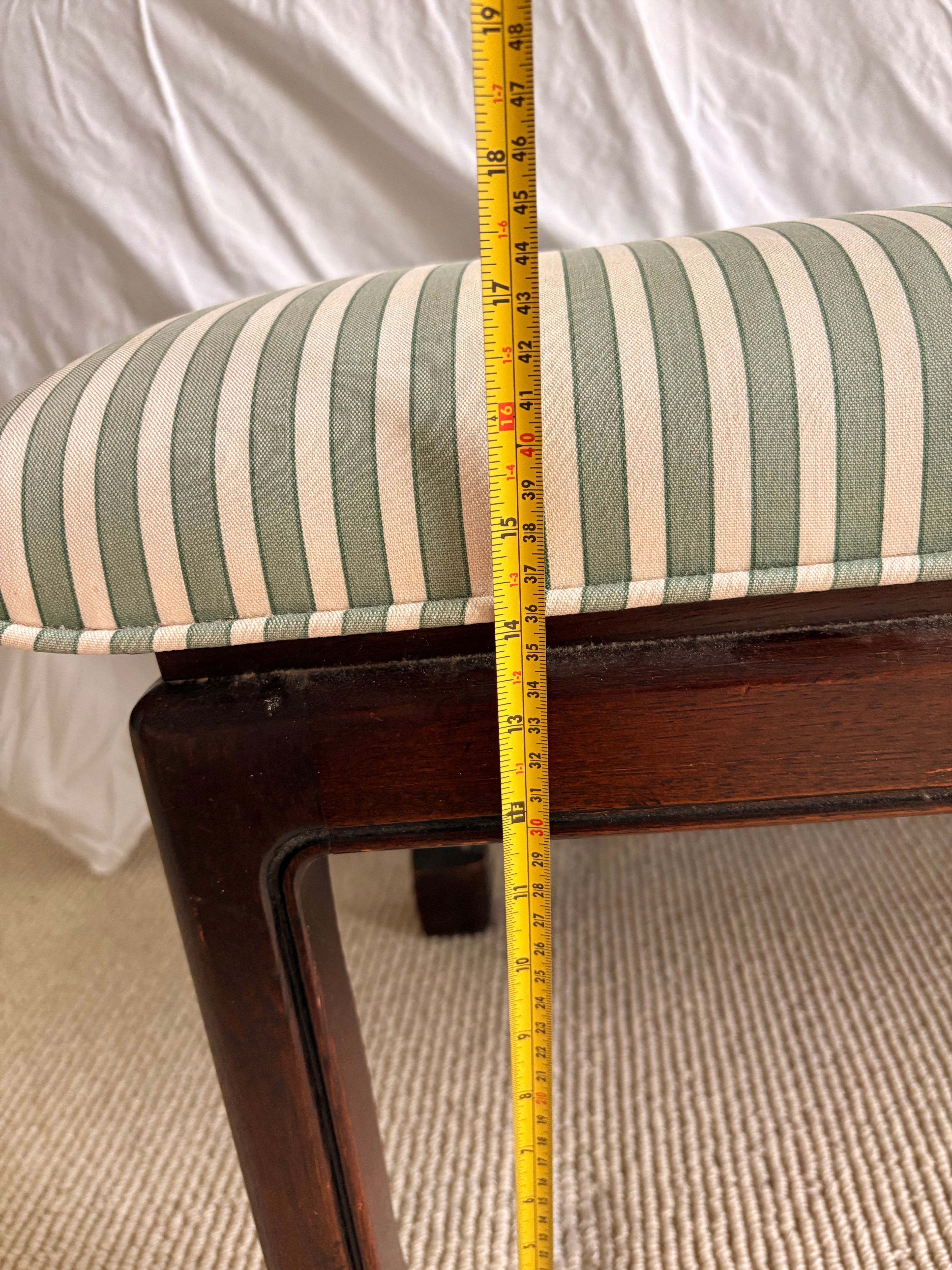 Ming-Style Mahogany Bench with Green Stripe Upholstery, Horse Hoof Feet