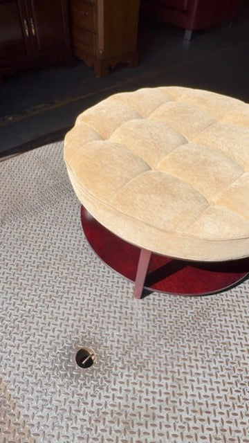 Large Round Tufted Ottoman with Mahogany Two-Tier Base & Chenille Upholstery