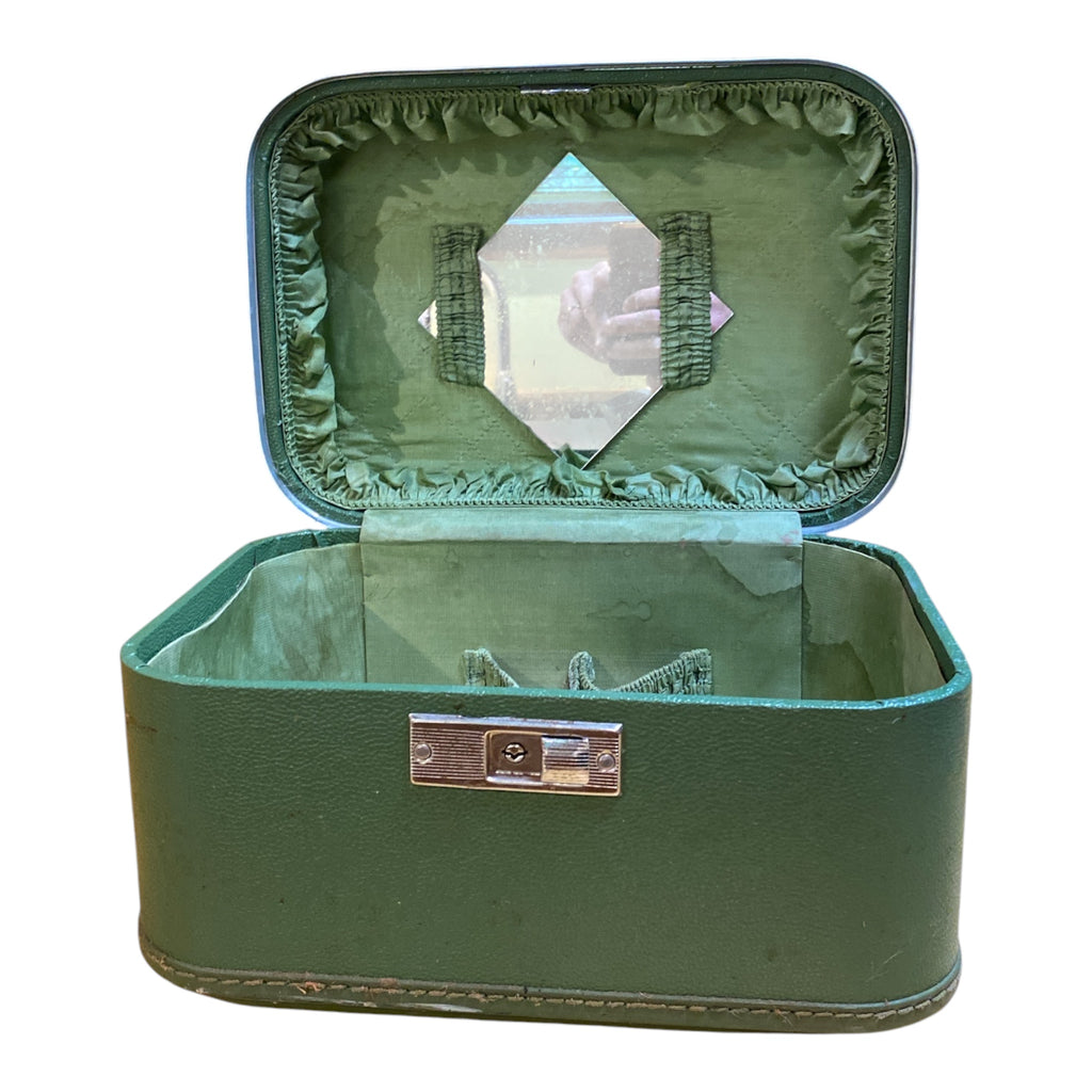 1960s Avocado Green Train Case with Mirror & Ruched Satin Interior