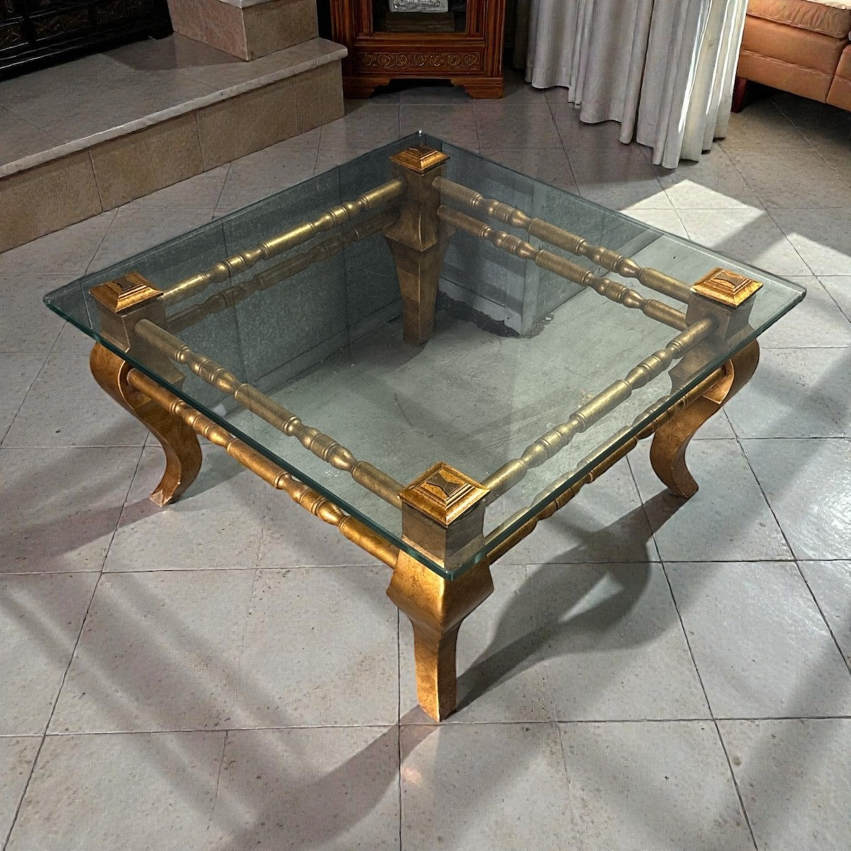 Gilt Square Glass Coffee Table – Hollywood Regency Flair