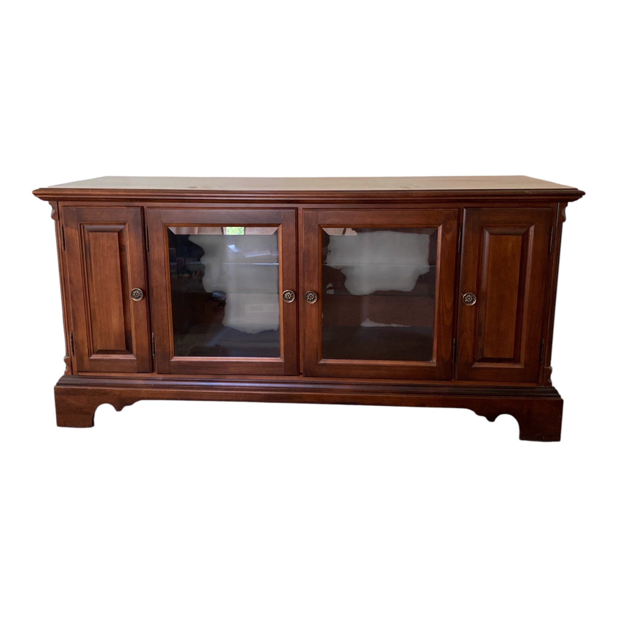 cherry media console with glass doors