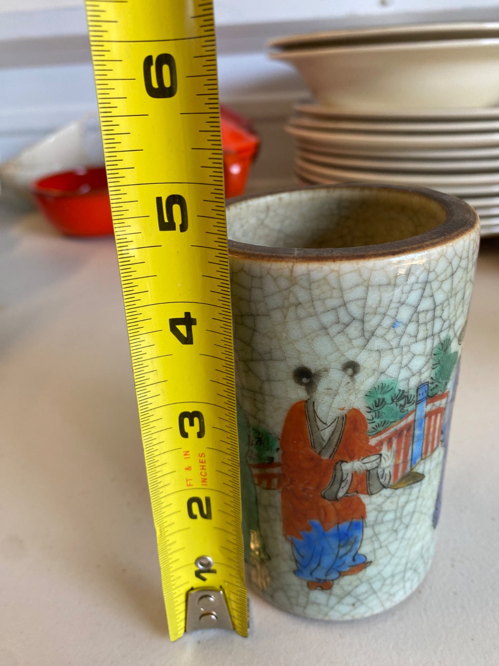 Chinese Crackle Glaze Brush Pot with Figural Scene & Seal Mark