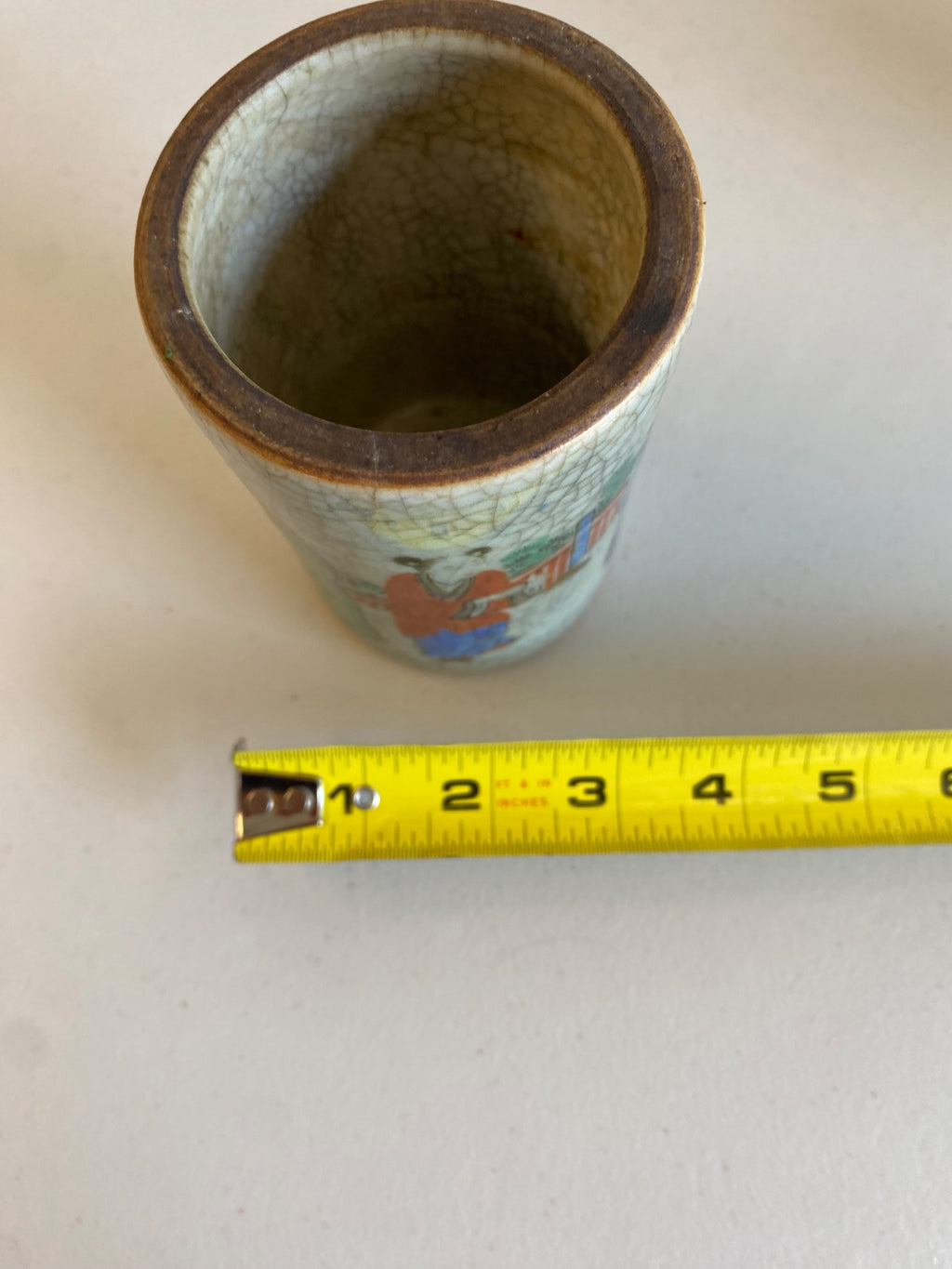 Chinese Crackle Glaze Brush Pot with Figural Scene & Seal Mark