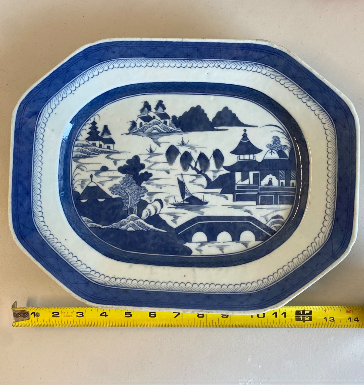 Antique Chinese Export Canton Blue & White Porcelain Platter, 19th Century