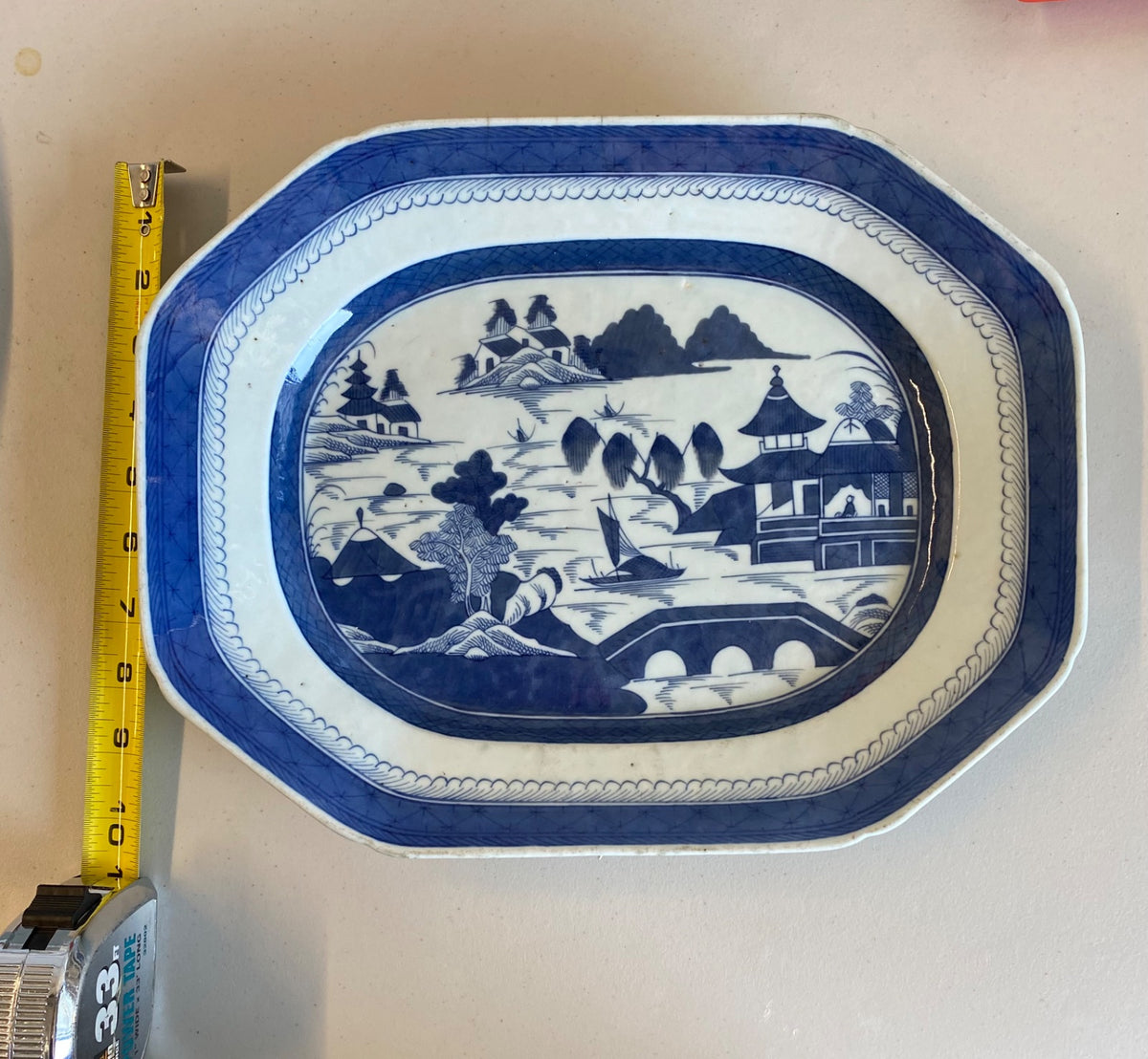 Antique Chinese Export Canton Blue & White Porcelain Platter, 19th Century
