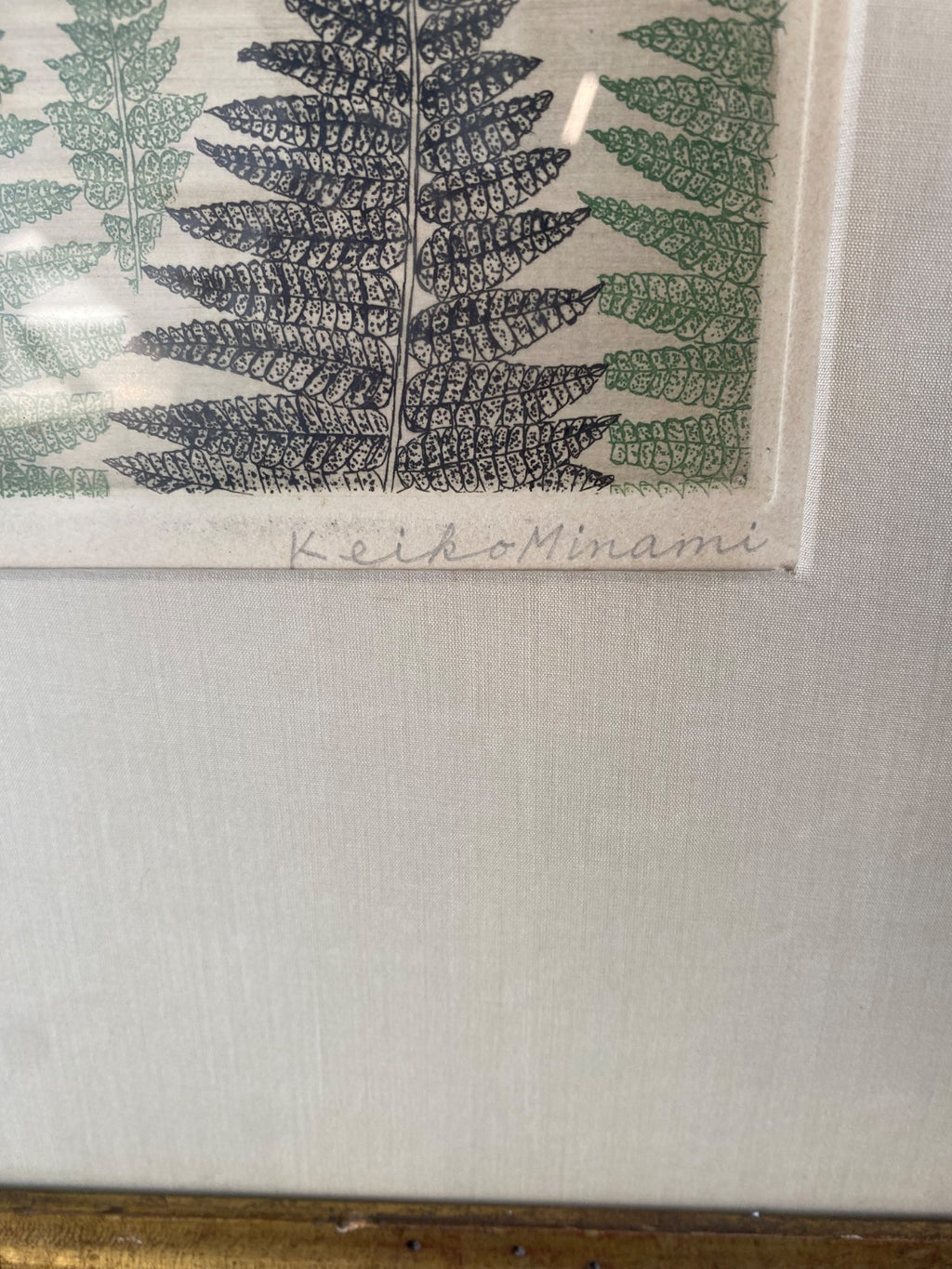 Keiko Minami Signed Etching, Two Birds with Ferns, Numbered 63/90