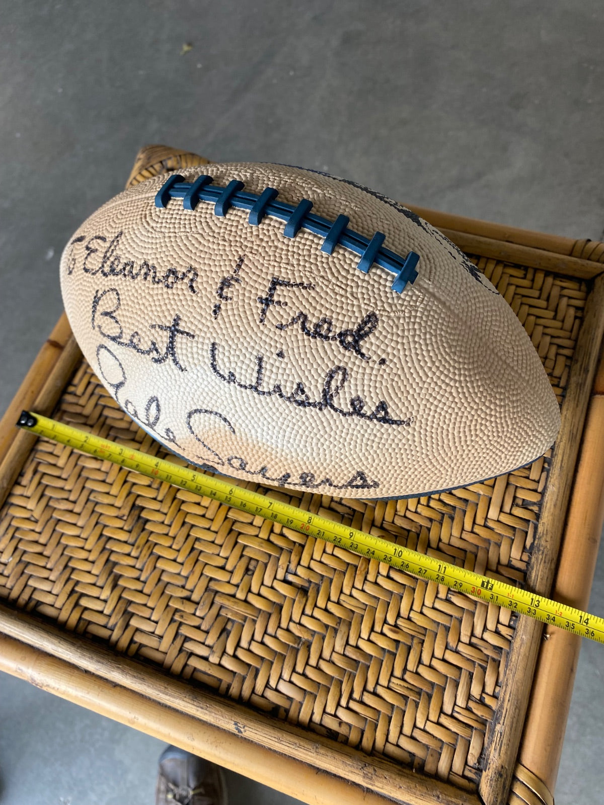 Gale Sayers Signed Autograph Football — Personalized to Eleanor & Fred
