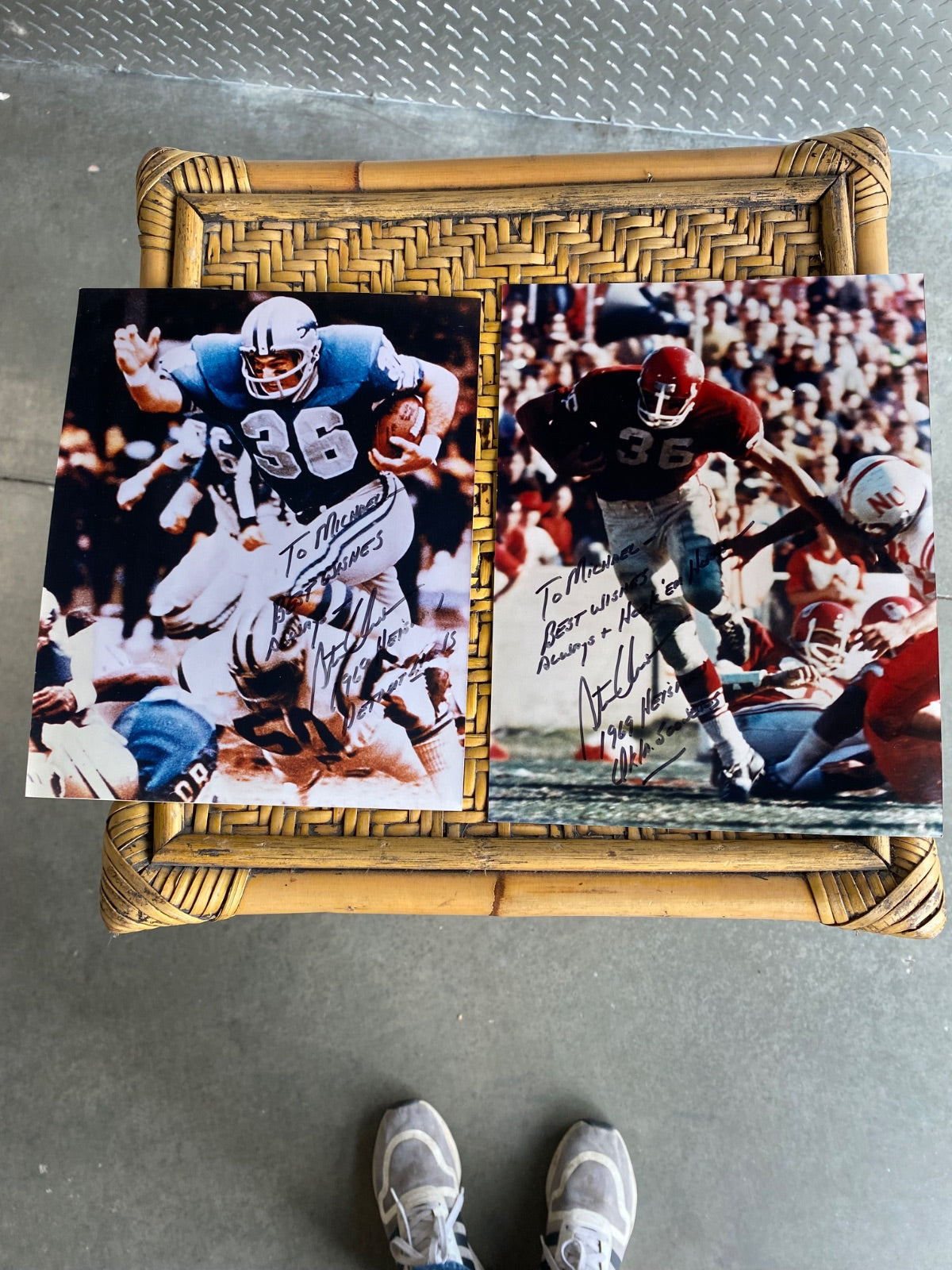 Steve Owens Signed 8x10 Photos (Pair) – 1969 Heisman Winner, Detroit Lions NFL