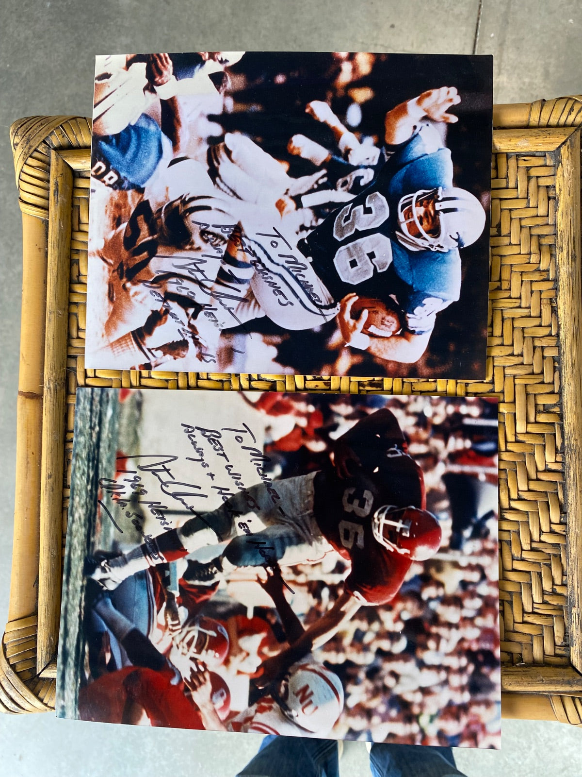 Steve Owens Signed 8x10 Photos (Pair) – 1969 Heisman Winner, Detroit Lions NFL