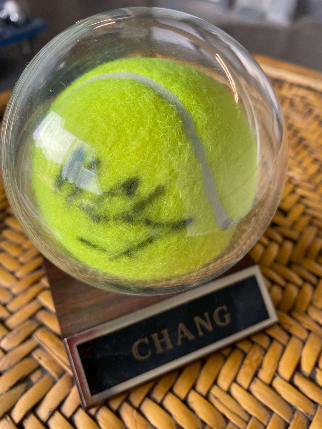 Michael Chang Signed Tennis Ball in Display Case with Walnut Base
