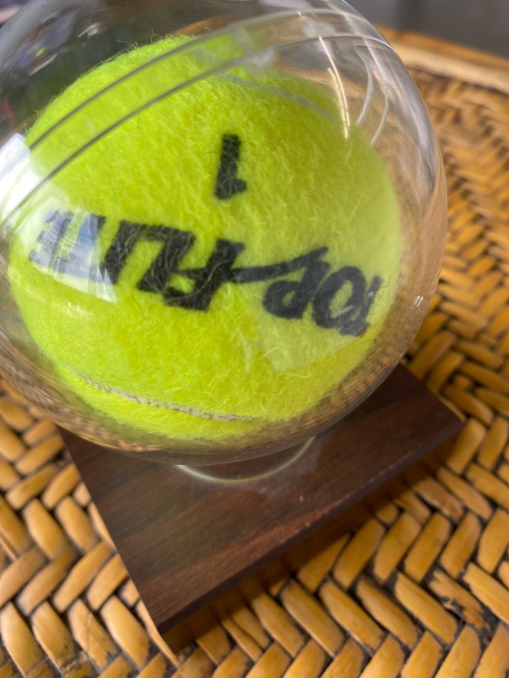 Michael Chang Signed Tennis Ball in Display Case with Walnut Base