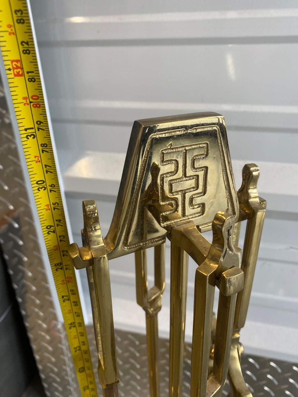 Asian-Inspired Solid Brass Fireplace Tool Set & Matching Andirons, Greek Key Mot