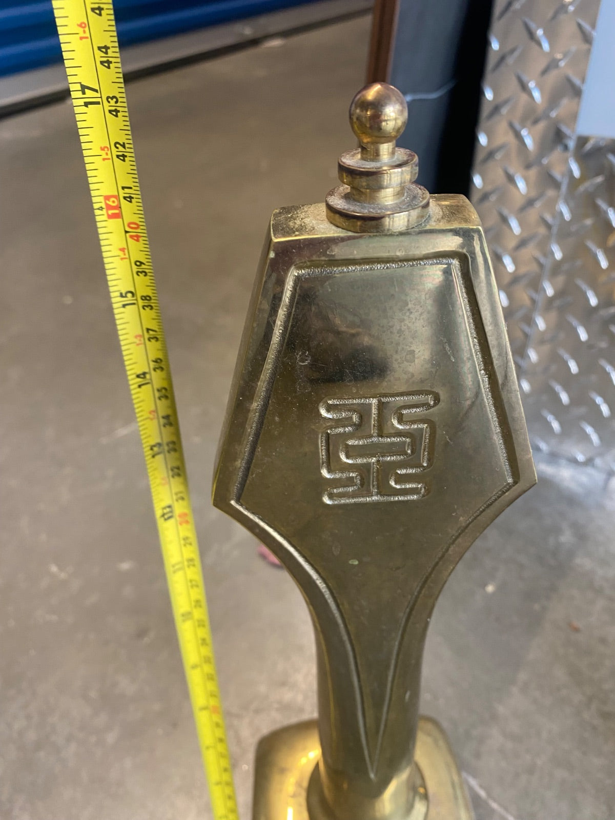 Asian-Inspired Solid Brass Fireplace Tool Set & Matching Andirons, Greek Key Mot