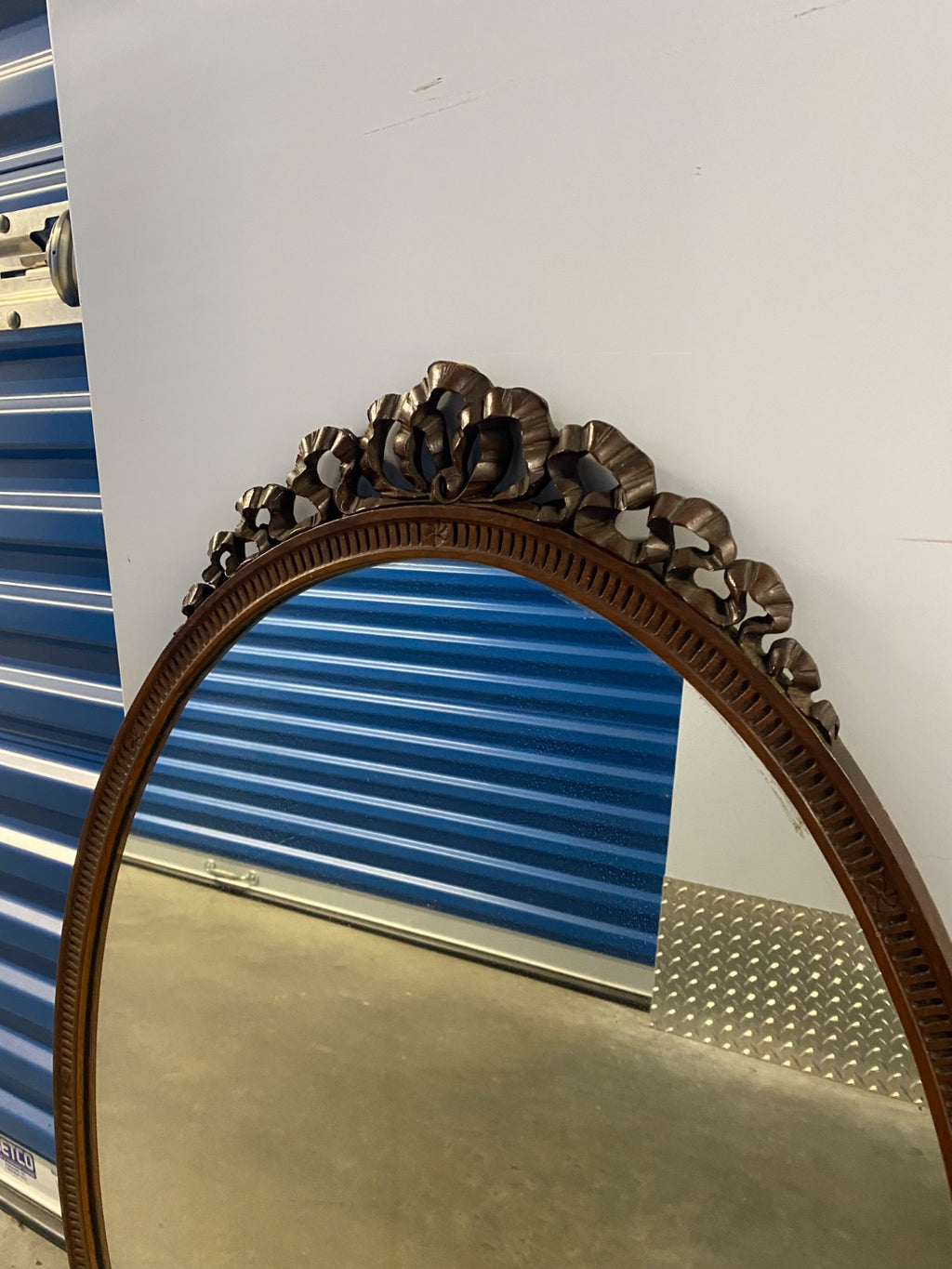 Louis XVI Style Oval Wall Mirror with Ribbon Bow Crest, Gilt Gesso Frame