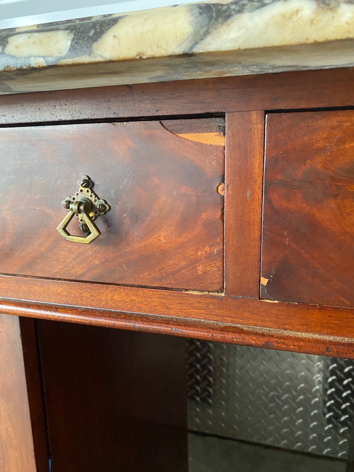 19th Century English Pedestal Sideboard with Breche Violette Marble Top, Flame M