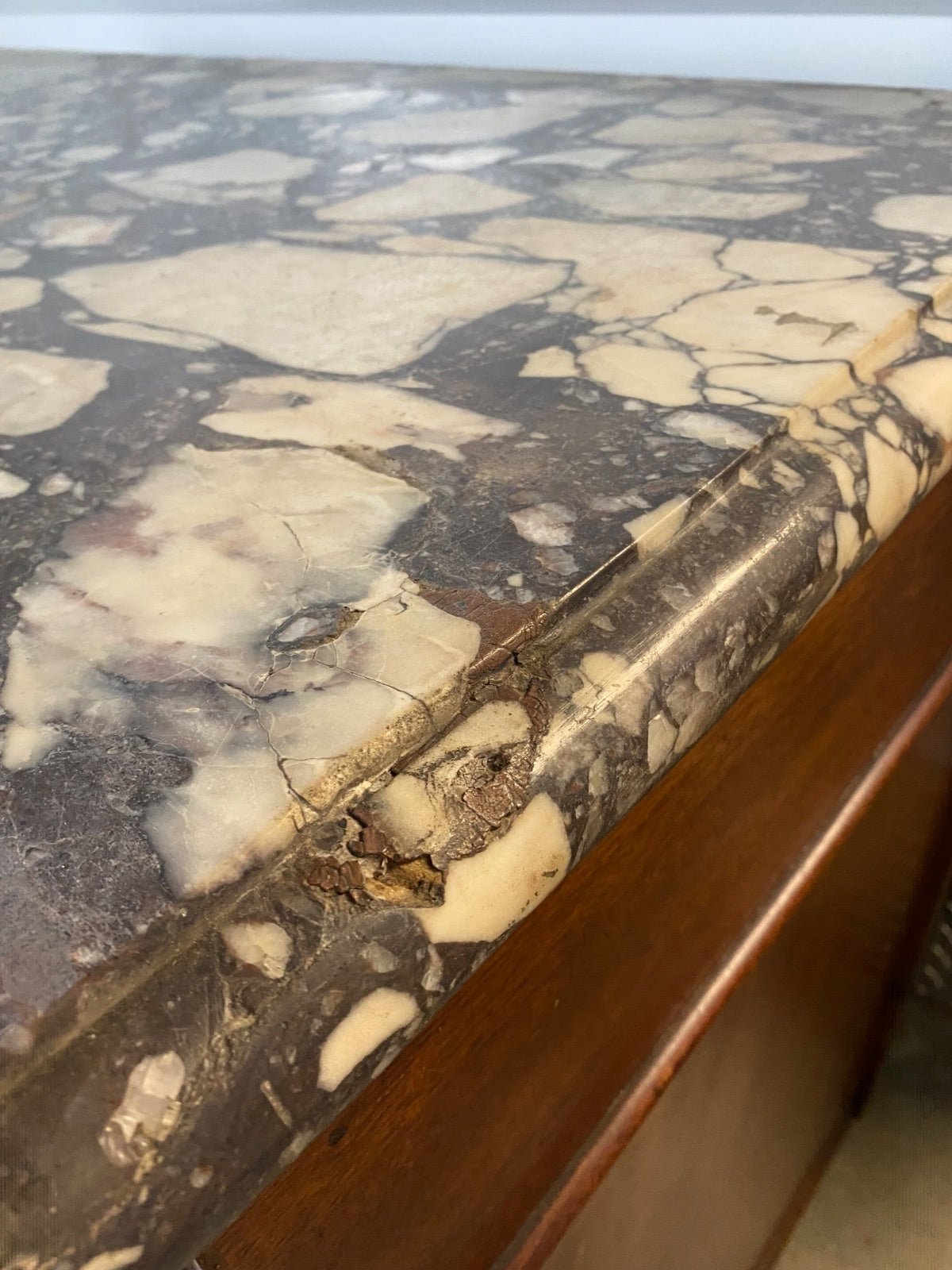 19th Century English Pedestal Sideboard with Breche Violette Marble Top, Flame M