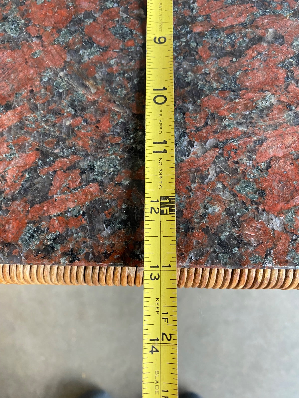 Wrought Iron & Wicker Plant Stand with Red Granite Top, Scroll Base