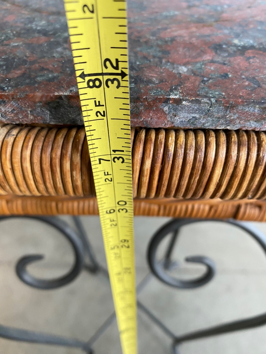Wrought Iron & Wicker Plant Stand with Red Granite Top, Scroll Base