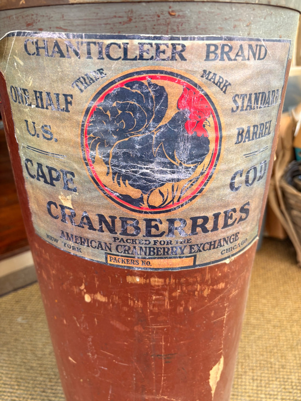 Antique Chanticleer Brand Cape Cod Cranberry Half-Barrel Shipping Container