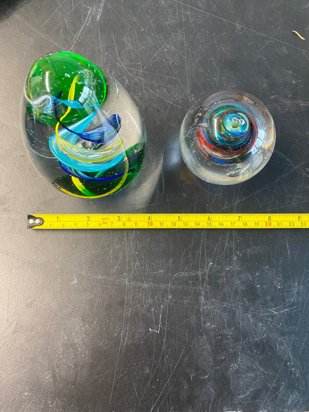 Pair of Art Glass Paperweights with Spiral Ribbon Inclusions — Egg & Sphere Form