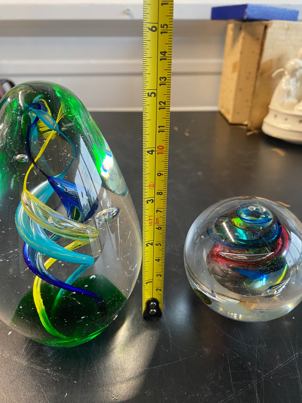 Pair of Art Glass Paperweights with Spiral Ribbon Inclusions — Egg & Sphere Form