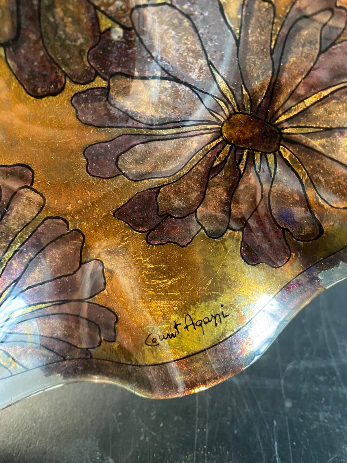 Count Agapi Signed Art Glass Ruffled Bowl with Gold Leaf Floral Motif