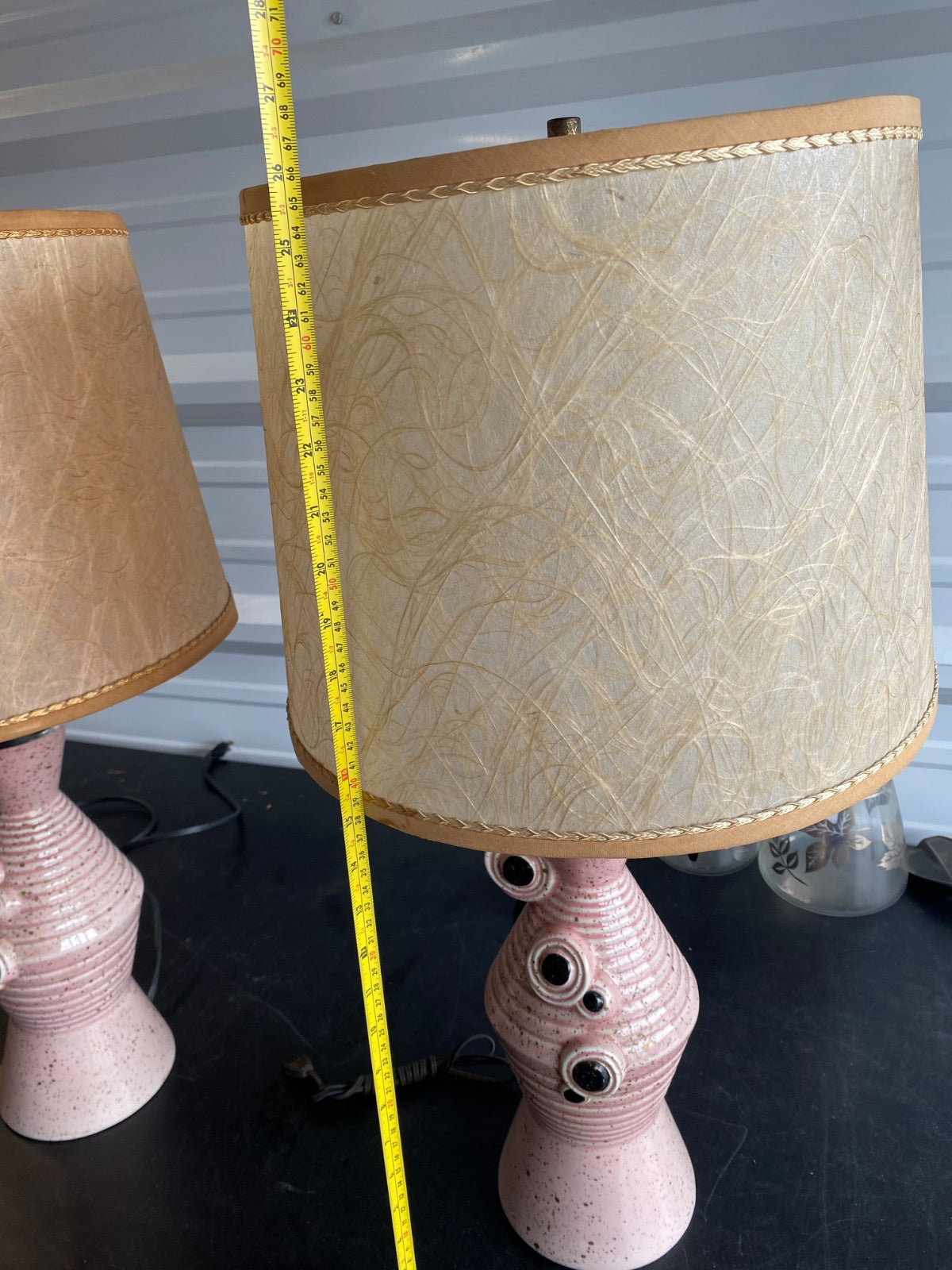 Pair Mid-Century Pink Speckled Ceramic Table Lamps with Atomic Orbital Details