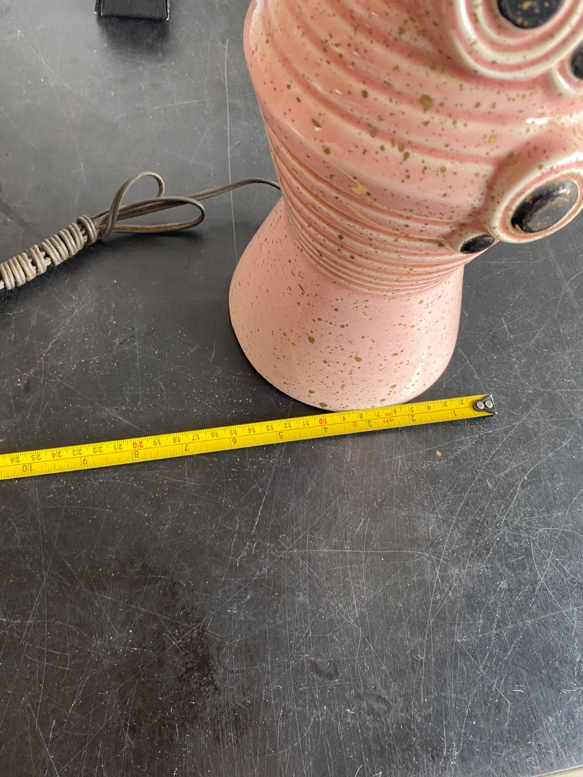 Pair Mid-Century Pink Speckled Ceramic Table Lamps with Atomic Orbital Details