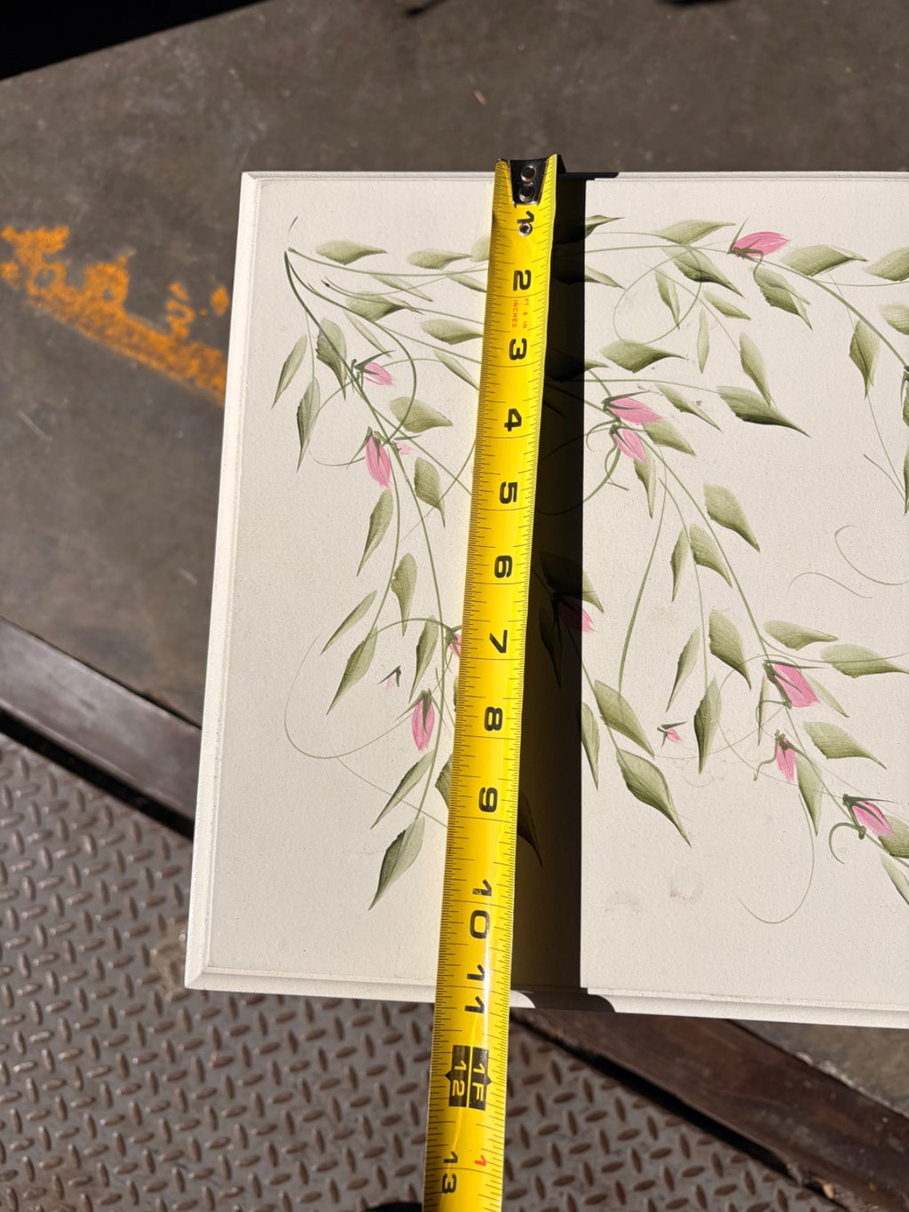Hand-Painted White Plant Stand with Botanical Floral Motif, Cabriole Legs