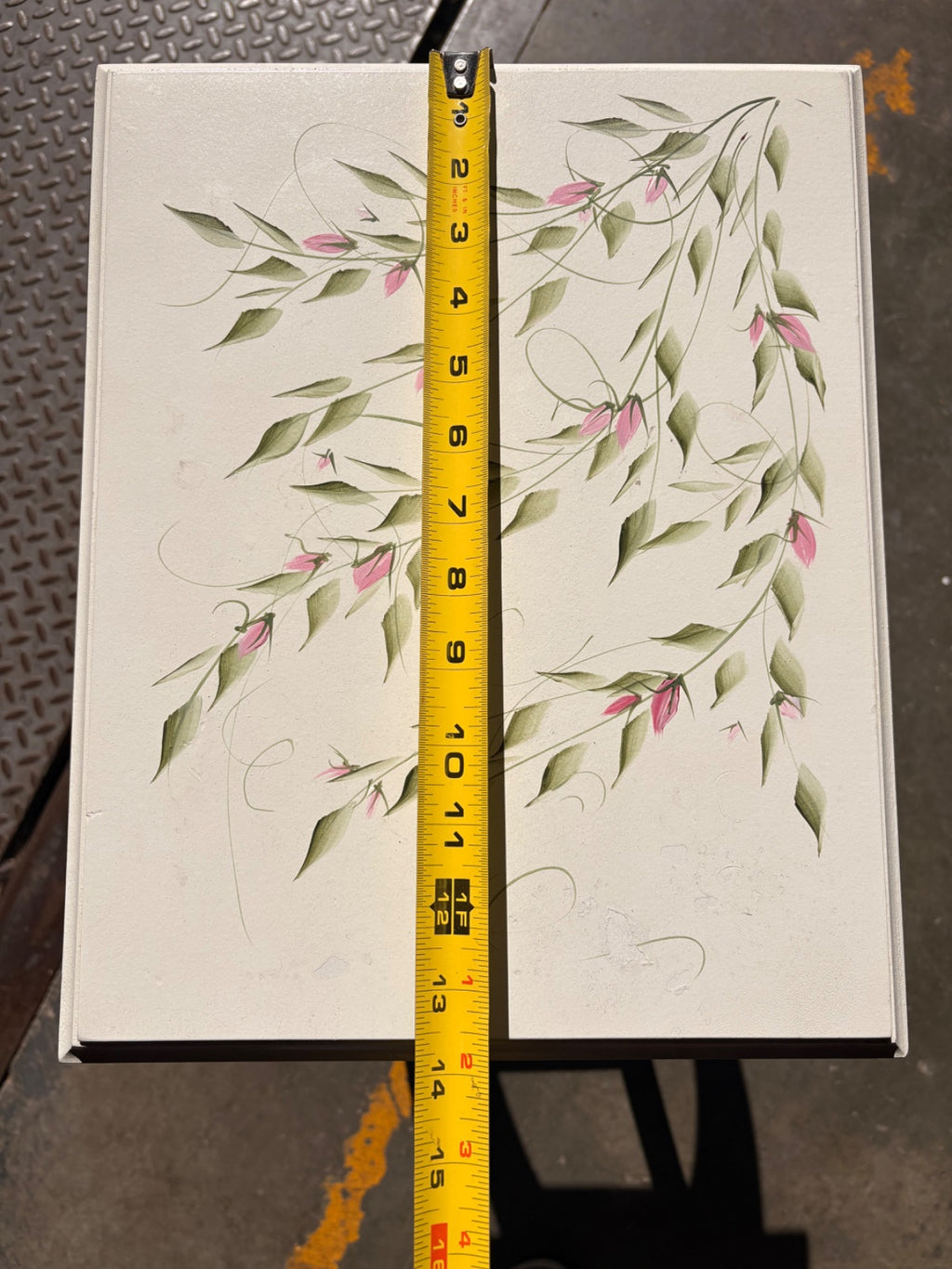 Hand-Painted White Plant Stand with Botanical Floral Motif, Cabriole Legs