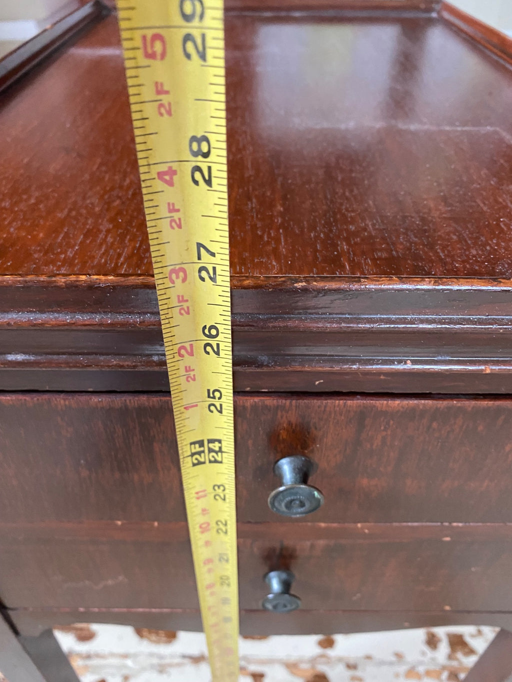 Vintage Mahogany Two-Drawer Nightstand with Galleried Top and Saber Legs
