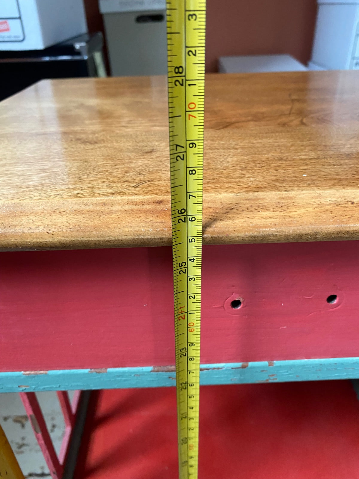 Folk Art Painted Side Table with Solid Mahogany Top & Spindle Gallery Shelf