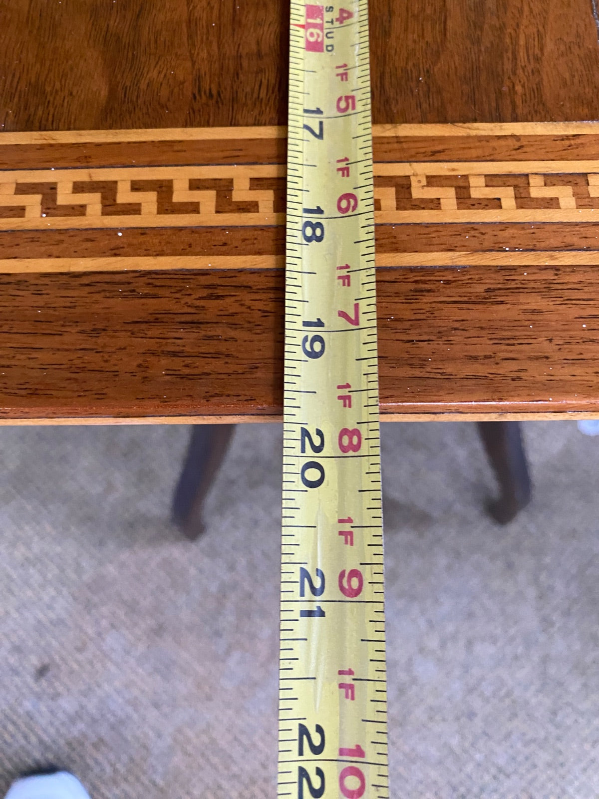 Victorian Walnut Parlor Table with Greek Key Inlay, Splayed Legs & Lower Shelf