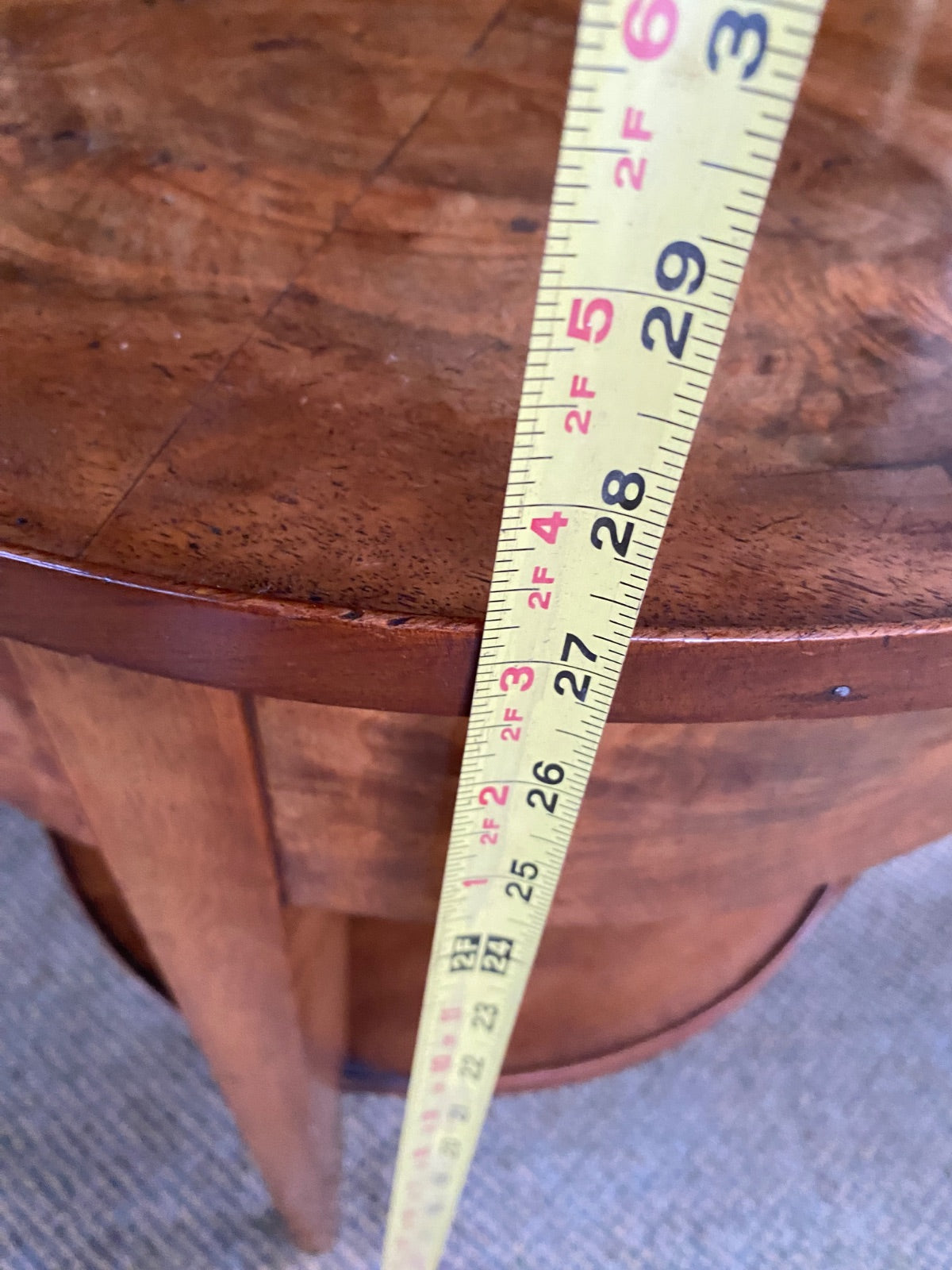 Vintage Burl Walnut Round Two-Tier Side Table with Tapered Legs