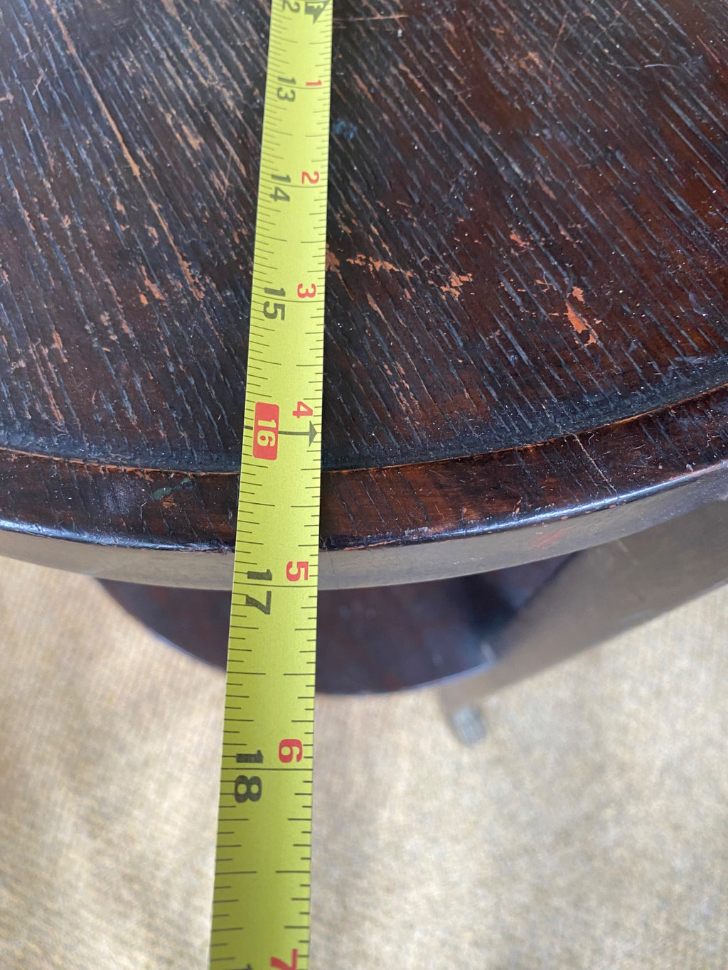 Antique Oak Two-Tier Round Side Table with Brass Claw Foot Casters