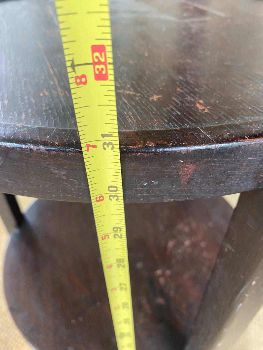 Antique Oak Two-Tier Round Side Table with Brass Claw Foot Casters