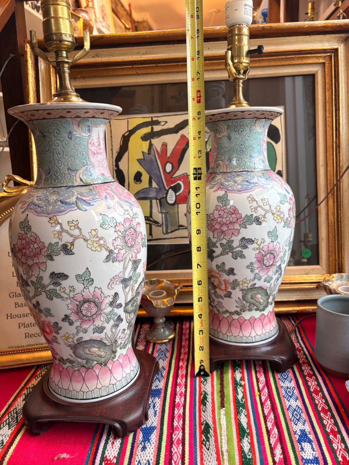 Pair Chinese Famille Rose Porcelain Table Lamps with Rabbits on Carved Wood Base