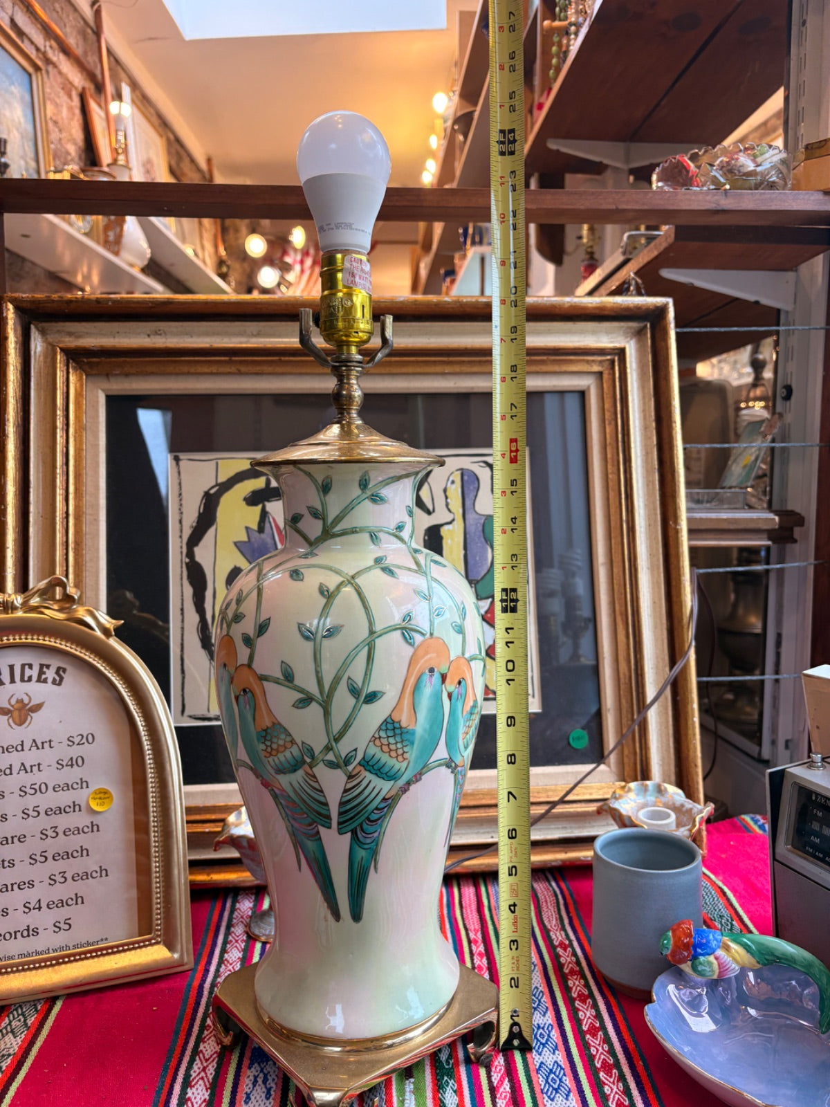 Chinoiserie Ceramic Table Lamp with Hand-Painted Parrots on Brass Base