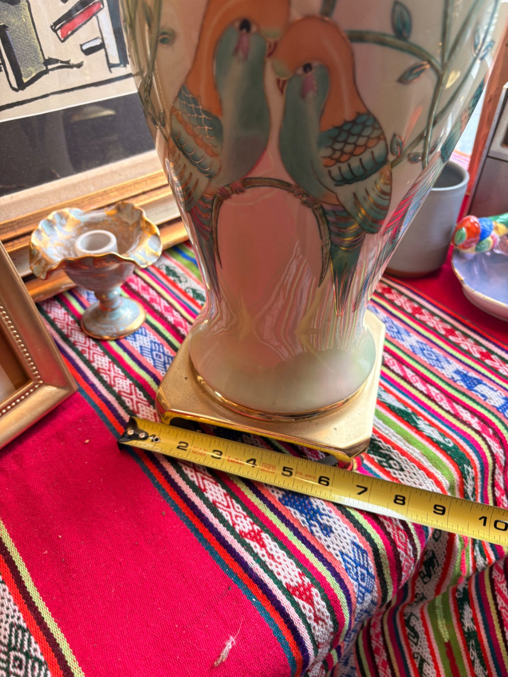 Chinoiserie Ceramic Table Lamp with Hand-Painted Parrots on Brass Base