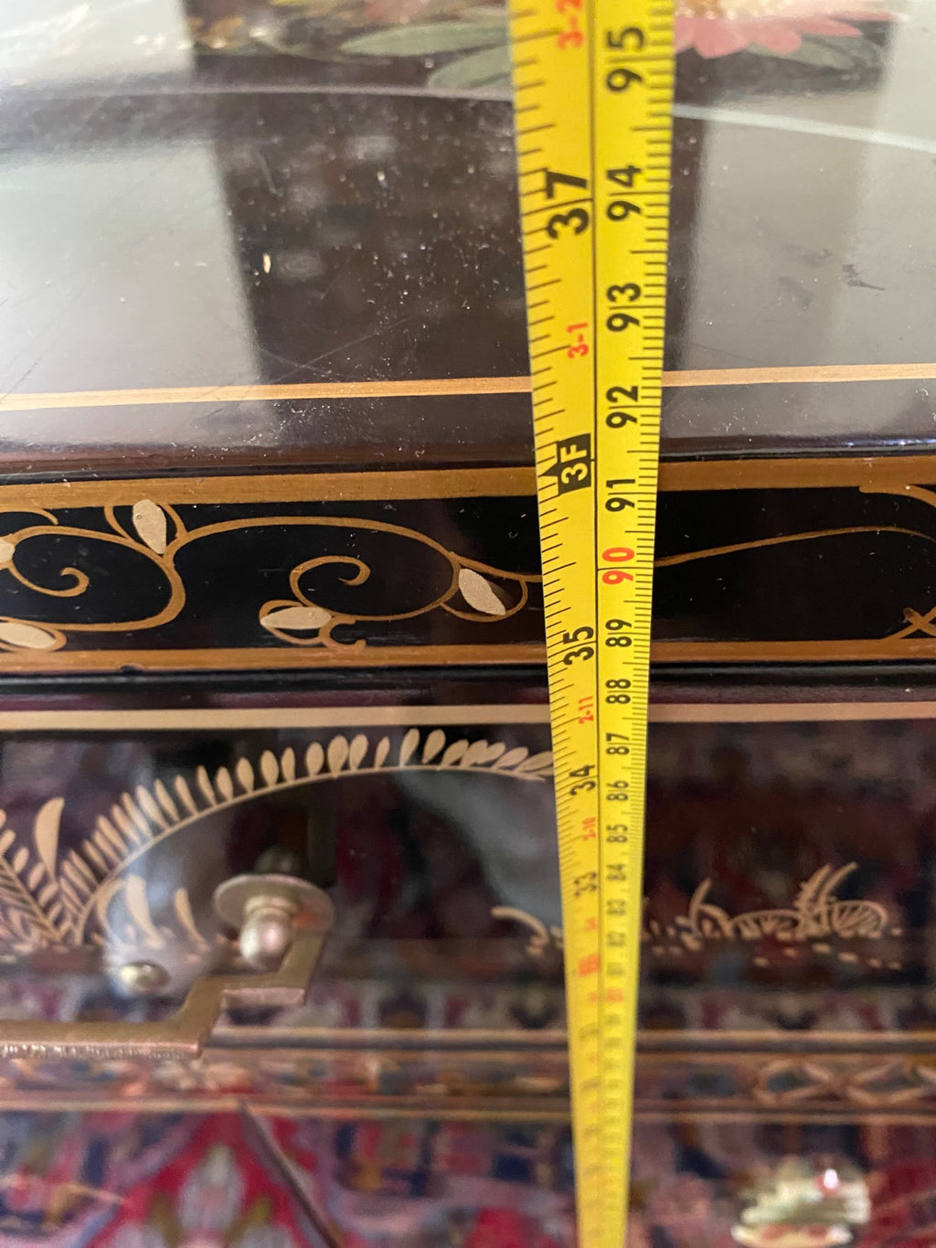 Chinese Black Lacquer Cabinet with Carved Soapstone Figures & Mother of Pearl
