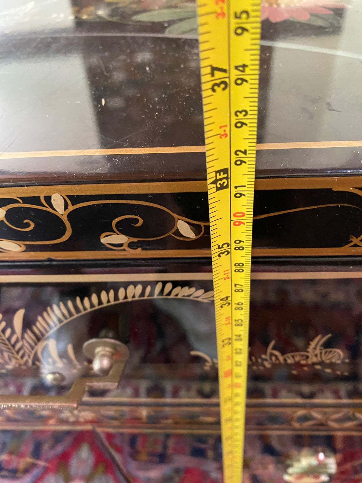 Chinese Black Lacquer Cabinet with Carved Soapstone Figures & Mother of Pearl