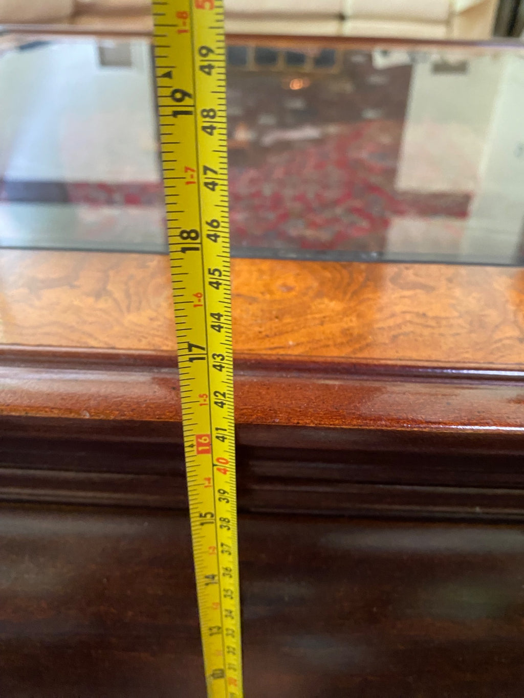 Ming-Style Square Coffee Table with Burl Wood Inlay & Beveled Glass Insert