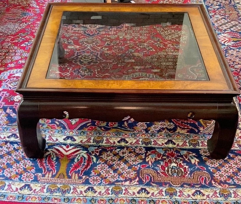 Ming-Style Square Coffee Table with Burl Wood Inlay & Beveled Glass Insert