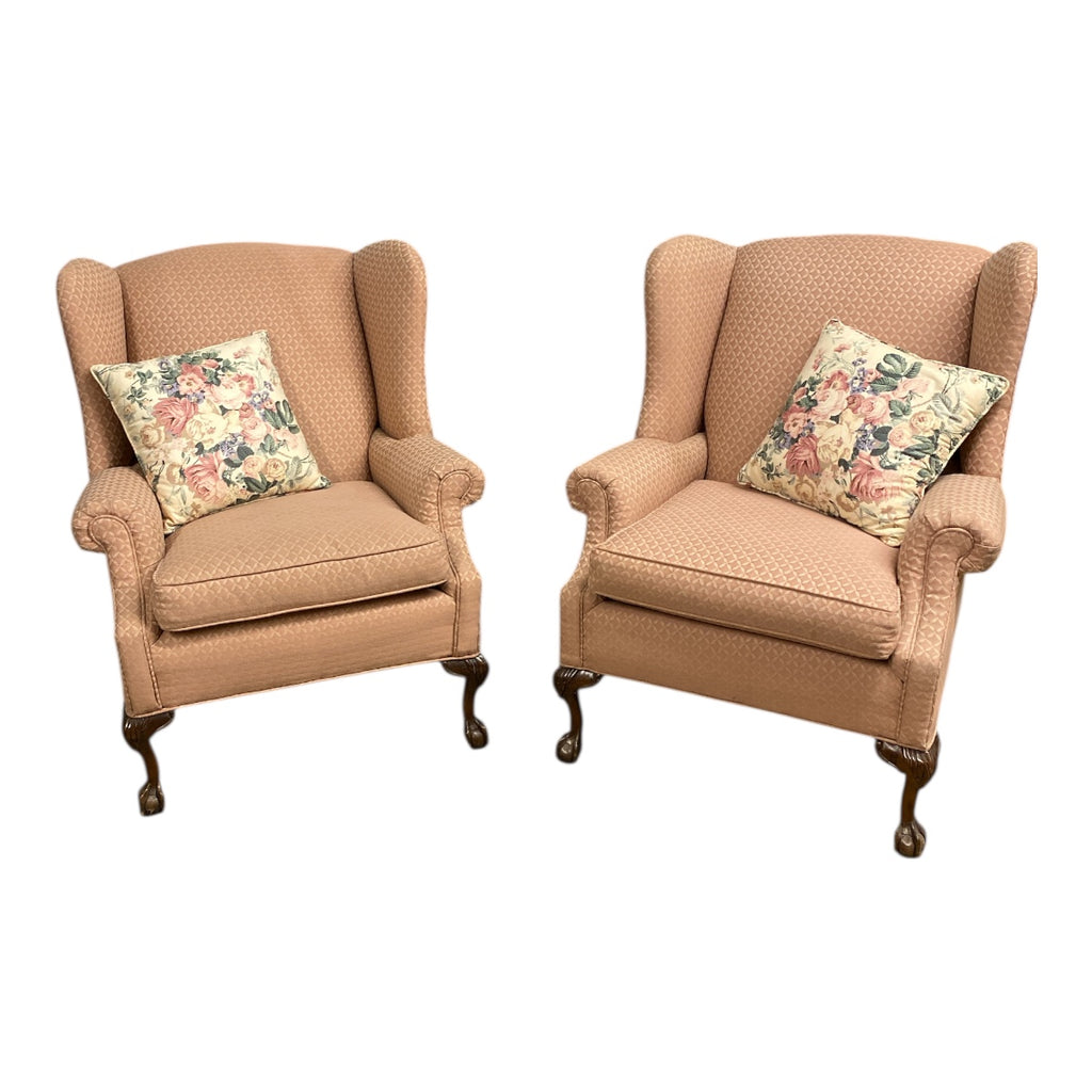 Pair Vintage Wingback Chairs – Peach Jacquard, Queen Anne Legs