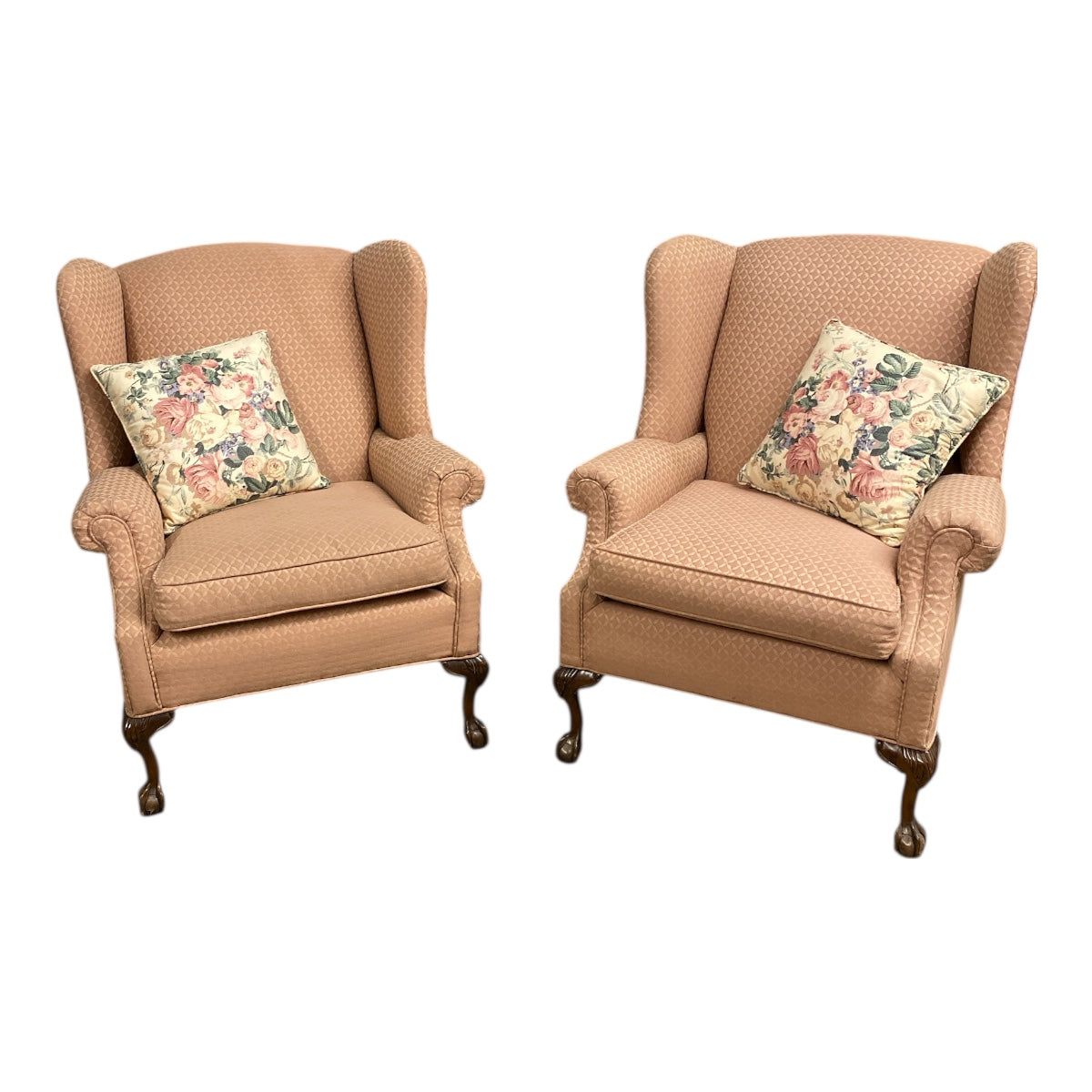 Pair Vintage Wingback Chairs – Peach Jacquard, Queen Anne Legs
