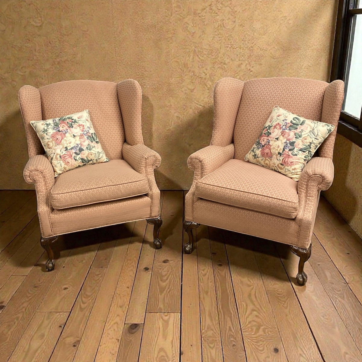 Pair Vintage Wingback Chairs – Peach Jacquard, Queen Anne Legs
