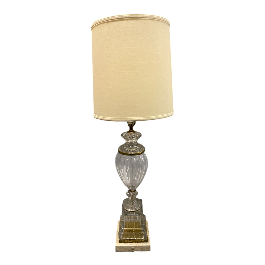 Hollywood Regency Glass & Brass Lamp – Marble Base, Tall Drum Shade