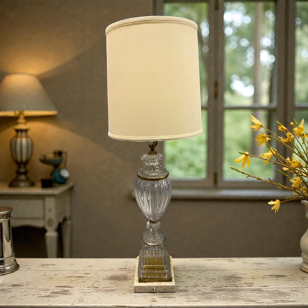 Hollywood Regency Glass & Brass Lamp – Marble Base, Tall Drum Shade